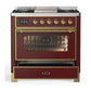 Ilve UM36FNR3BUG Ilve Um36Fnr3Bug Majestic Iii 36 Inch Dual Fuel Range With 6 Black Brass Burners And Griddle, Dual Function Burner Up To 25,000 Btu (Triple Glass Door, Burgundy, Brass, Natural Gas)