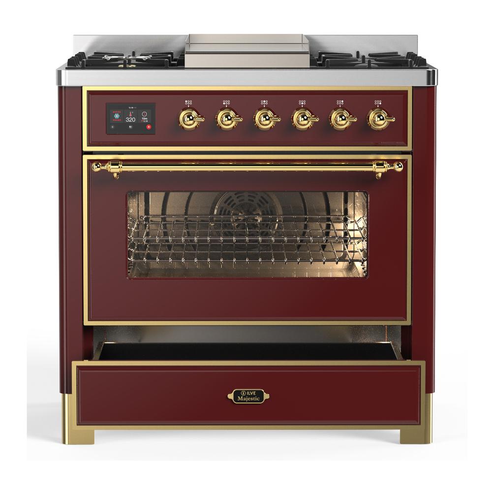 Ilve UM36FNR3BUG Ilve Um36Fnr3Bug Majestic Iii 36 Inch Dual Fuel Range With 6 Black Brass Burners And Griddle, Dual Function Burner Up To 25,000 Btu (Triple Glass Door, Burgundy, Brass, Natural Gas)