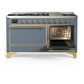 Ilve UM60FQNR3BGGLP Ilve Um60Fqnr3Bgglp Majestic Iii 60 Inch Dual Fuel Range With 9 Burners And Griddle, Dual Function Burner Up To 25,000 Btu (Liquid Propane, Solid Door, Blue Grey, Brass)