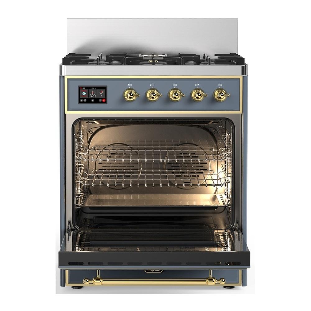 Ilve UM30QNR3BGGLP Ilve Um30Qnr3Bgglp Majestic Iii 30 Inch Dual Fuel Range With 5 Black Brass Burners, Dual Function Burner Up To 25,000 Btu (Liquid Propane, Solid Door, Blue Grey, Brass)