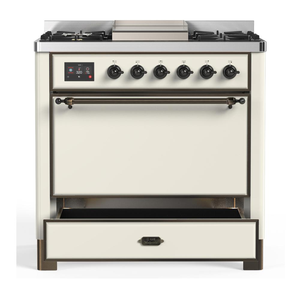 Ilve UM36FQNR3AWBLP Ilve Um36Fqnr3Awblp Majestic Iii 36 Inch Dual Fuel Range With 6 Black Brass Burners And Griddle, Dual Function Burner Up To 25,000 Btu (Solid Door, Antique White, Burnished, Liquid Propane)