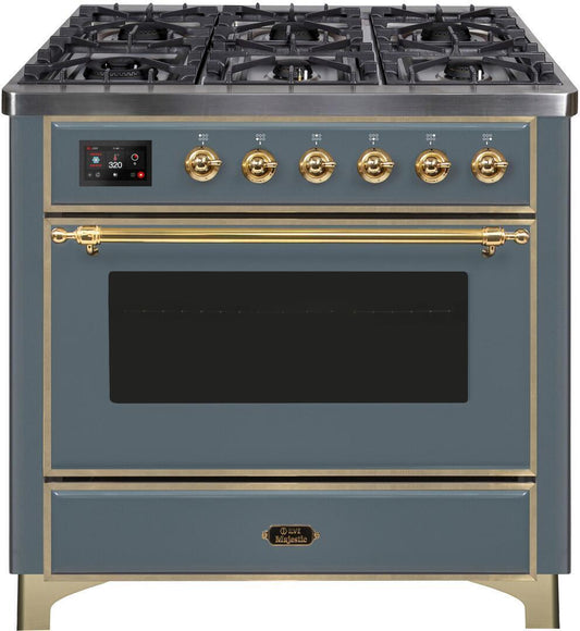 Ilve UM09FDNS3BGGLP Majestic Ii 36 Inch Dual Fuel Liquid Propane Freestanding Range In Blue Grey With Brass Trim