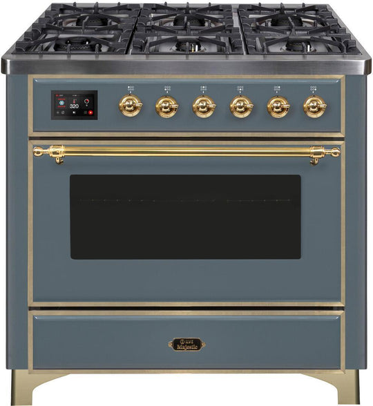 Ilve UM09FDNS3BGGLP Majestic Ii 36 Inch Dual Fuel Liquid Propane Freestanding Range In Blue Grey With Brass Trim