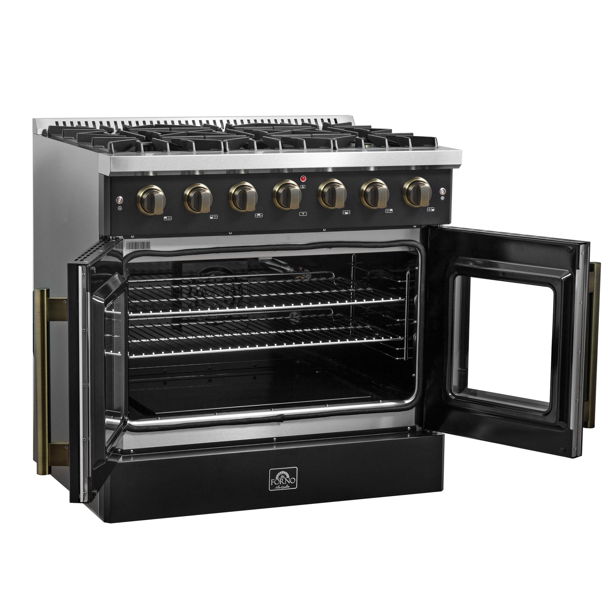 Forno FFSGS644436BLK Forno Galiano 36-Inch French Door Gas Range Black And Antique Brass Design, 6 Sealed Burners 83,000 Btu, 5.36 Cu.Ft. Convection Oven