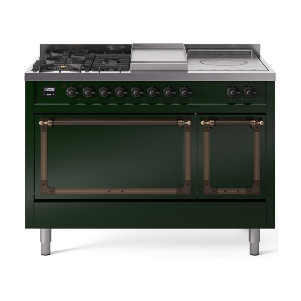 Ilve UN48FSQNMPEGB Ilve Un48Fsqnmpegb Nostalgie Ii Noblesse 48" Dual Fuel Range (5 Sealed Burners + Griddle + French Top, Natural Gas, Solid Door, Emerald Green, Burnished)