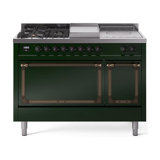 Ilve UN48FSQNMPEGB Ilve Un48Fsqnmpegb Nostalgie Ii Noblesse 48" Dual Fuel Range (5 Sealed Burners + Griddle + French Top, Natural Gas, Solid Door, Emerald Green, Burnished)