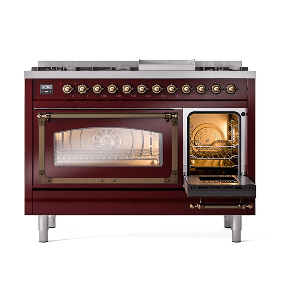 Ilve UN48FNMPBUB Ilve Un48Fnmpbub Nostalgie Ii Noblesse 48" Dual Fuel Range (8 Sealed Burners + Griddle, Natural Gas, Triple Glass Door, Burgundy, Burnished)