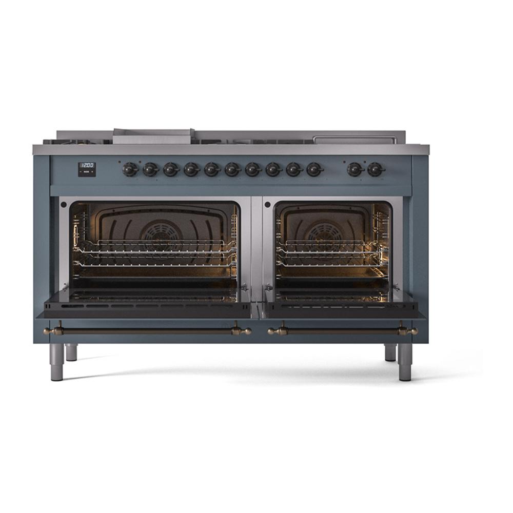Ilve UN60FSNMPBGB Ilve Un60Fsnmpbgb Nostalgie Ii Noblesse 60" Dual Fuel Range (7 Sealed Burners + Griddle + French Top, Natural Gas, Triple Glass Door, Blue Grey, Burnished)