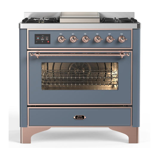 Ilve UM36FNR3BGPLP Ilve Um36Fnr3Bgplp Majestic Iii 36 Inch Dual Fuel Range With 6 Black Brass Burners And Griddle, Dual Function Burner Up To 25,000 Btu (Triple Glass Door, Blue Grey, Copper, Liquid Propane)