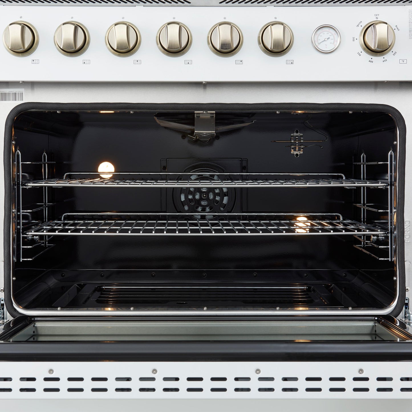 Forno FFSGS627736WHT Marco 36-Inch Gas Range White & Antique Brass Design, 6 Burners 67,000 Btu, 5.36 Cu.Ft. Convection Oven
