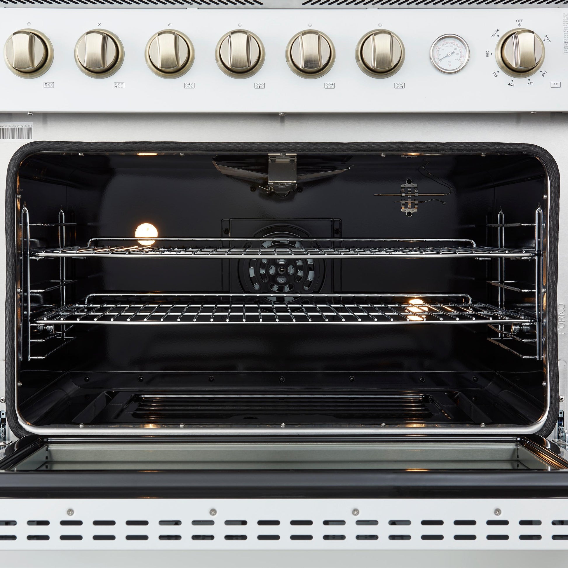 Forno FFSGS627736WHT Marco 36-Inch Gas Range White & Antique Brass Design, 6 Burners 67,000 Btu, 5.36 Cu.Ft. Convection Oven