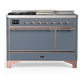 Ilve UM48FSQNR3BGPLP Ilve Um48Fsqnr3Bgplp Majestic Iii 48 Inch Dual Fuel Range With 5 Black Brass Burners, Griddle And French Top, Dual Function Burner Up To 25,000 Btu (Liquid Propane, Solid Door, Blue Grey, Copper)