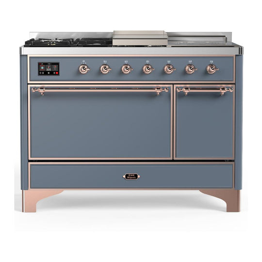 Ilve UM48FSQNR3BGPLP Ilve Um48Fsqnr3Bgplp Majestic Iii 48 Inch Dual Fuel Range With 5 Black Brass Burners, Griddle And French Top, Dual Function Burner Up To 25,000 Btu (Liquid Propane, Solid Door, Blue Grey, Copper)