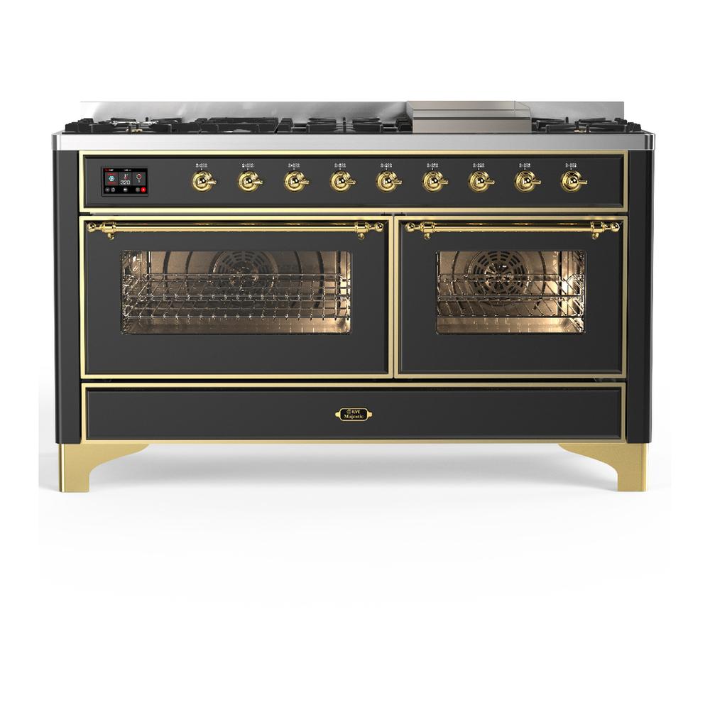 Ilve UM60FNR3MGG Ilve Um60Fnr3Mgg Majestic Iii 60 Inch Dual Fuel Range With 9 Burners And Griddle, Dual Function Burner Up To 25,000 Btu (Natural Gas, Triple Glass Door, Graphite Matte, Brass)