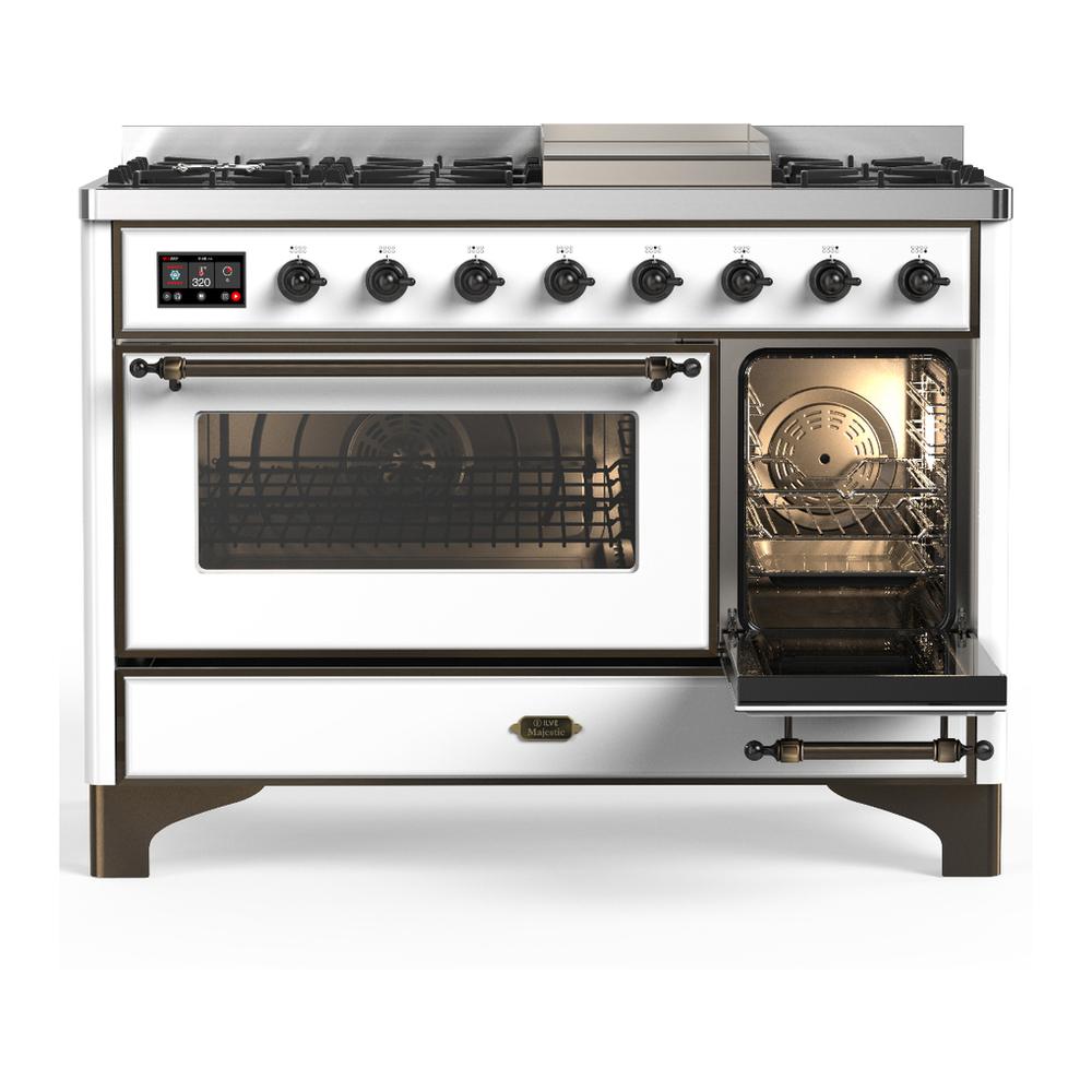 Ilve UM48FNR3WHB Ilve Um48Fnr3Whb Majestic Iii 48 Inch Dual Fuel Range With 8 Burners And Griddle, Dual Function Burner Up To 25,000 Btu (Natural Gas, Triple Glass Door, White, Burnished)