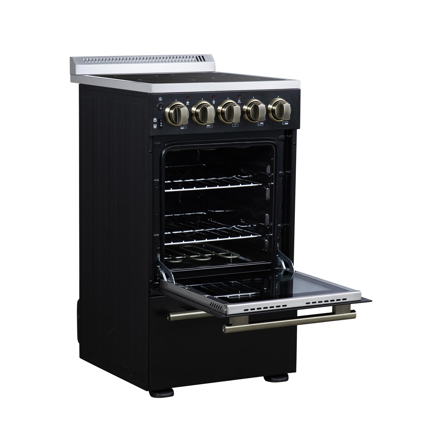 Forno FFSEL605220BLK Forno Pallerano 20 Inch Freestanding Electric Range In Black With Antique Brass, Compact Design