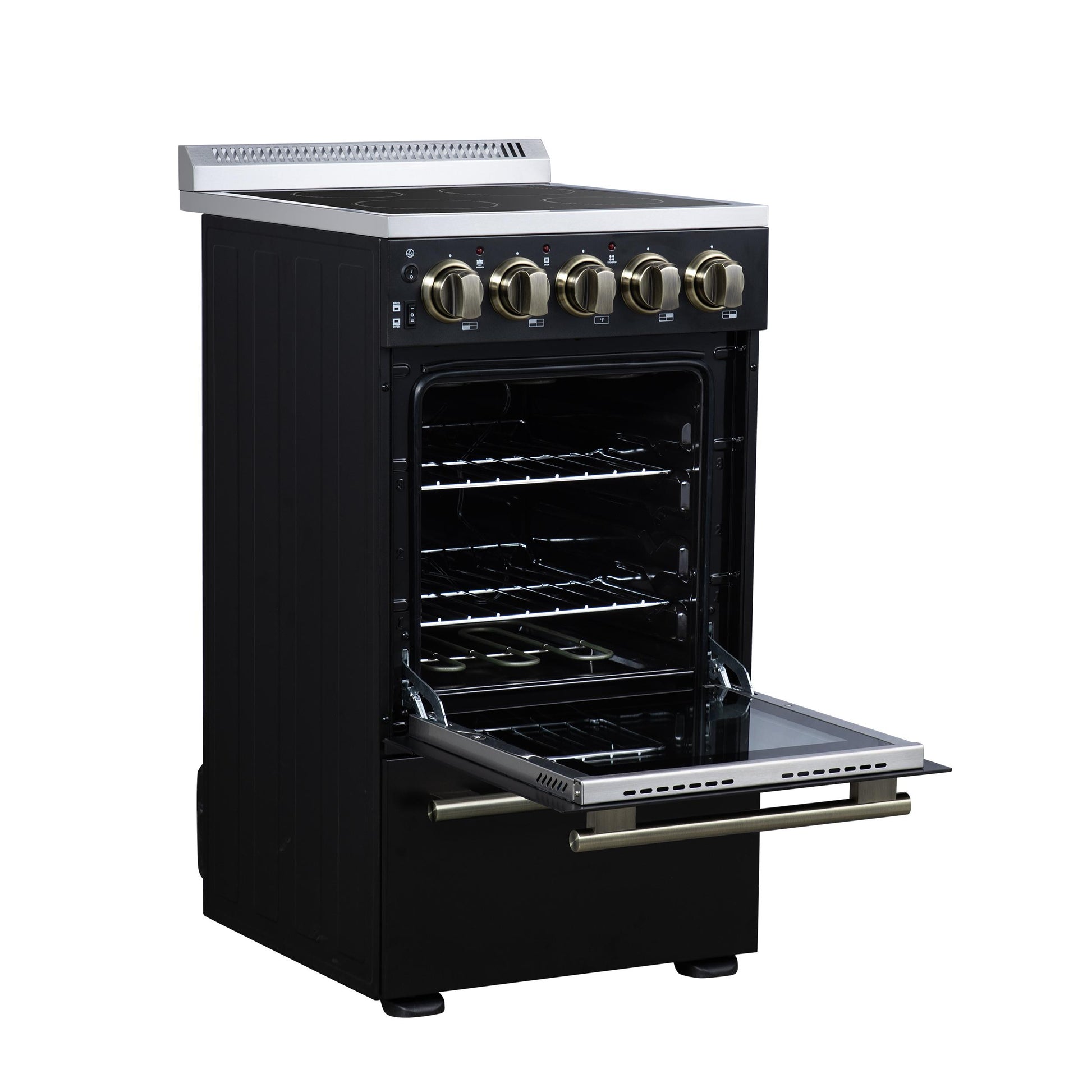 Forno FFSEL605220BLK Forno Pallerano 20 Inch Freestanding Electric Range In Black With Antique Brass, Compact Design