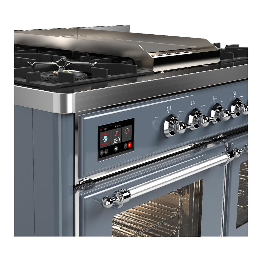 Ilve UMD40FNR3BGCLP Ilve Umd40Fnr3Bgclp Majestic Iii 40 Inch Dual Fuel Range With 6 Burners And Griddle, Dual Function Burner Up To 25,000 Btu (Liquid Propane, Triple Glass Door, Blue Grey, Chrome)