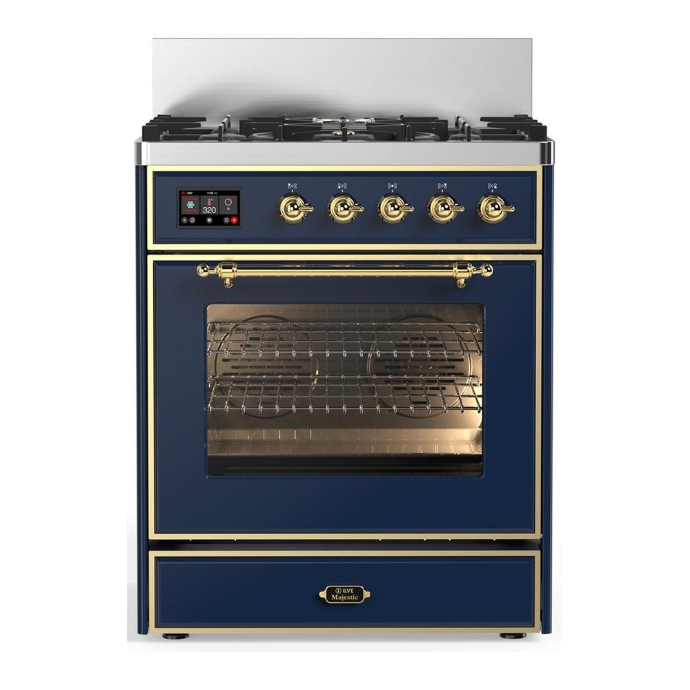 Ilve UM30NR3MBGLP Ilve Um30Nr3Mbglp Majestic Iii 30 Inch Dual Fuel Range With 5 Black Brass Burners, Dual Function Burner Up To 25,000 Btu (Liquid Propane, Triple Glass Door, Midnight Blue, Brass)