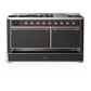Ilve UM60FQNR3MGP Ilve Um60Fqnr3Mgp Majestic Iii 60 Inch Dual Fuel Range With 9 Burners And Griddle, Dual Function Burner Up To 25,000 Btu (Natural Gas, Solid Door, Graphite Matte, Copper)