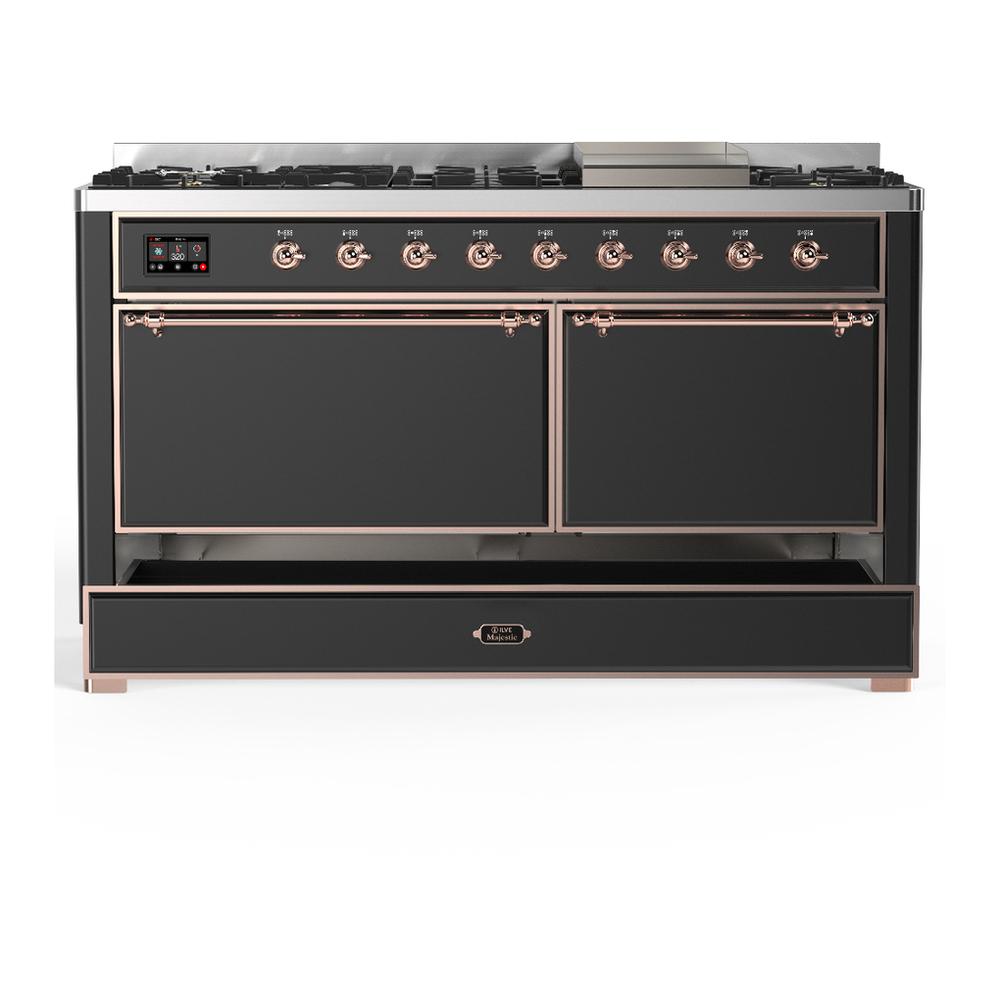 Ilve UM60FQNR3MGP Ilve Um60Fqnr3Mgp Majestic Iii 60 Inch Dual Fuel Range With 9 Burners And Griddle, Dual Function Burner Up To 25,000 Btu (Natural Gas, Solid Door, Graphite Matte, Copper)
