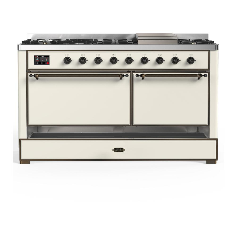 Ilve UM60FQNR3AWB Ilve Um60Fqnr3Awb Majestic Iii 60 Inch Dual Fuel Range With 9 Burners And Griddle, Dual Function Burner Up To 25,000 Btu (Natural Gas, Solid Door, Antique White, Burnished)