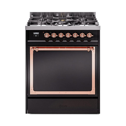 Ilve UN30QNMPBKP Ilve Un30Qnmpbkp Nostalgie Ii Noblesse 30" Dual Fuel Range (Natural Gas, Solid Door, Glossy Black, Copper)
