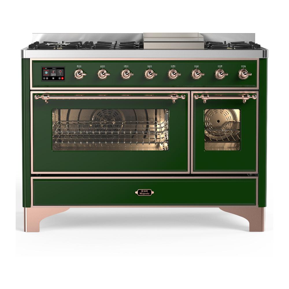 Ilve UM48FNR3EGP Ilve Um48Fnr3Egp Majestic Iii 48 Inch Dual Fuel Range With 8 Burners And Griddle, Dual Function Burner Up To 25,000 Btu (Natural Gas, Triple Glass Door, Emerald Green, Copper)