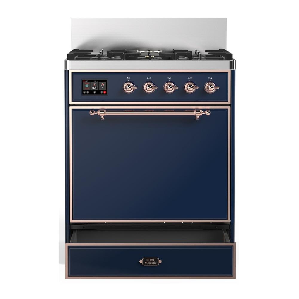 Ilve UM30QNR3MBP Ilve Um30Qnr3Mbp Majestic Iii 30 Inch Dual Fuel Range With 5 Black Brass Burners, Dual Function Burner Up To 25,000 Btu (Natural Gas, Solid Door, Midnight Blue, Copper)
