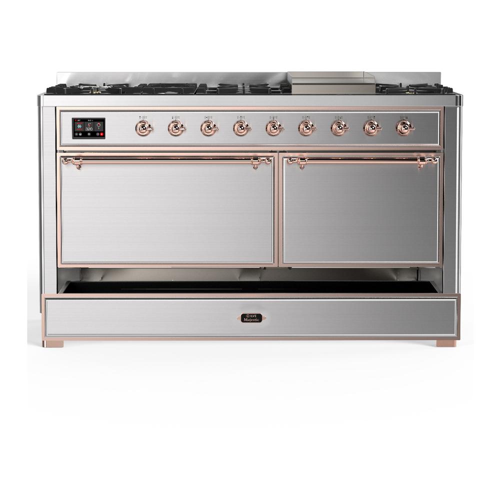 Ilve UM60FQNR3SSPLP Ilve Um60Fqnr3Ssplp Majestic Iii 60 Inch Dual Fuel Range With 9 Burners And Griddle, Dual Function Burner Up To 25,000 Btu (Liquid Propane, Solid Door, Stainless Steel, Copper)
