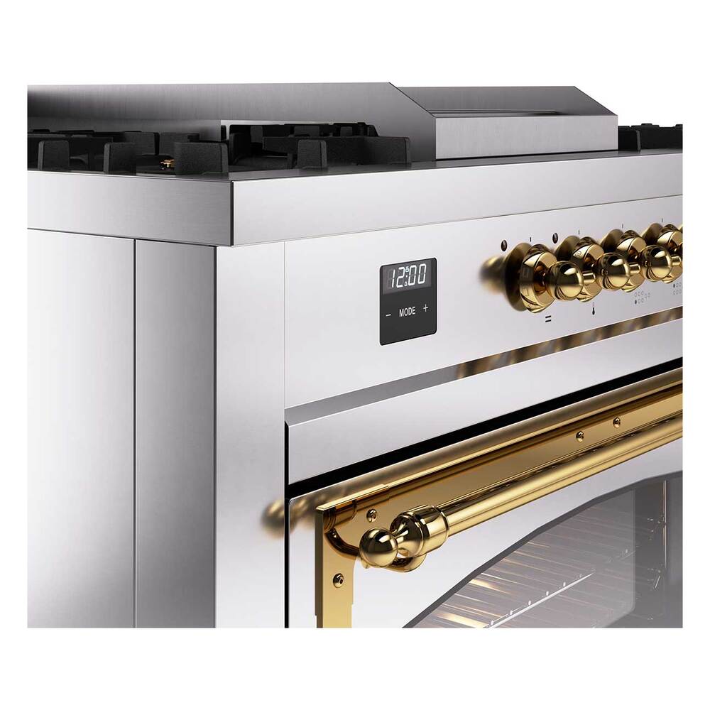 Ilve UN60FSNMPSSGLP Ilve Un60Fsnmpssglp Nostalgie Ii Noblesse 60" Dual Fuel Range (7 Sealed Burners + Griddle + French Top, Liquid Propane, Triple Glass Door, Stainless Steel, Brass)