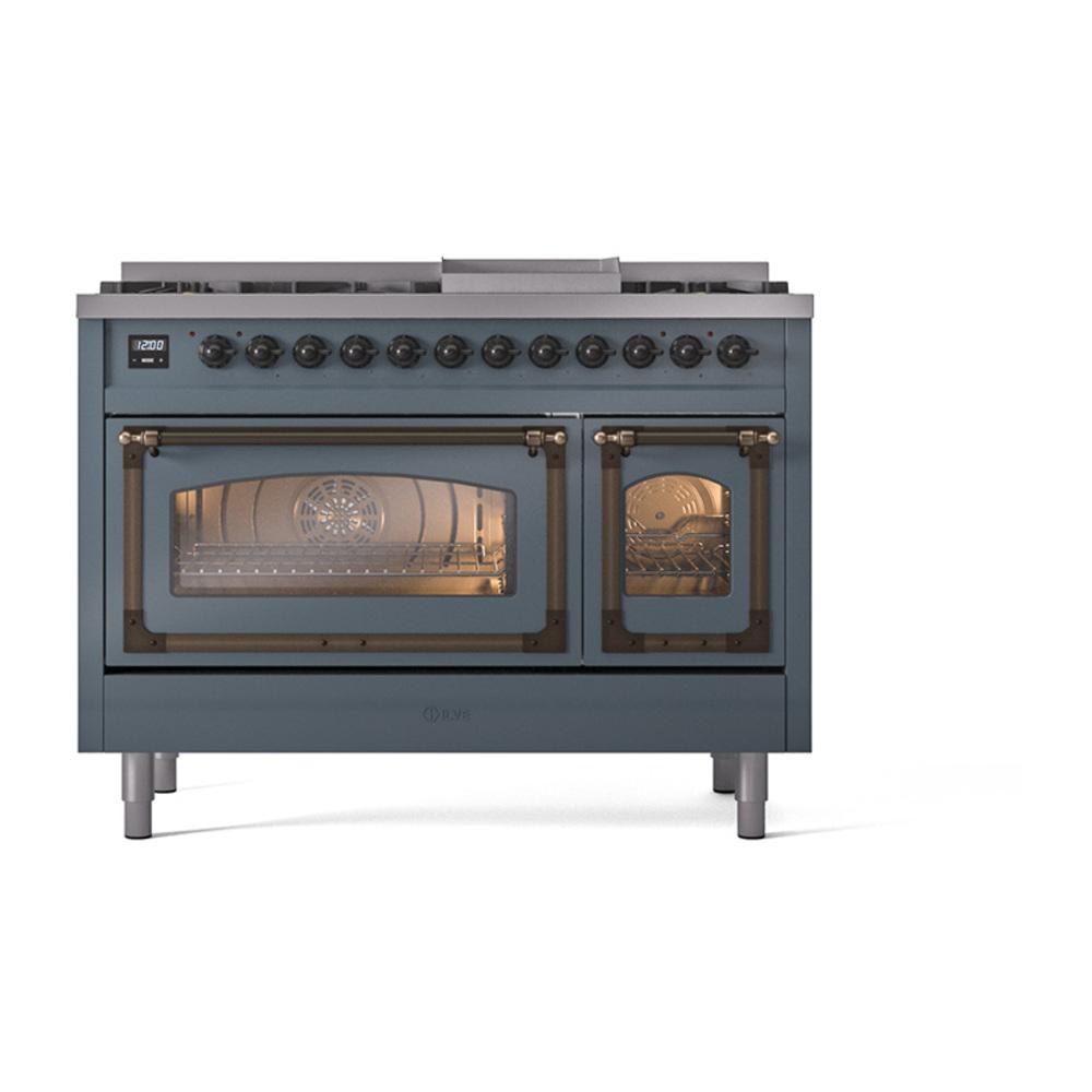 Ilve UN48FNMPBGBLP Ilve Un48Fnmpbgblp Nostalgie Ii Noblesse 48" Dual Fuel Range (8 Sealed Burners + Griddle, Liquid Propane, Triple Glass Door, Blue Grey, Burnished)