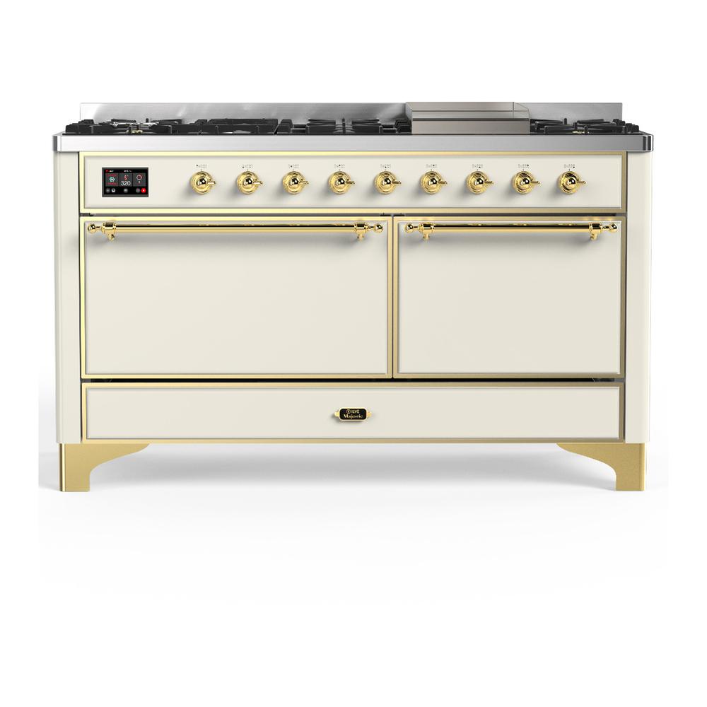 Ilve UM60FQNR3AWG Ilve Um60Fqnr3Awg Majestic Iii 60 Inch Dual Fuel Range With 9 Burners And Griddle, Dual Function Burner Up To 25,000 Btu (Natural Gas, Solid Door, Antique White, Brass)