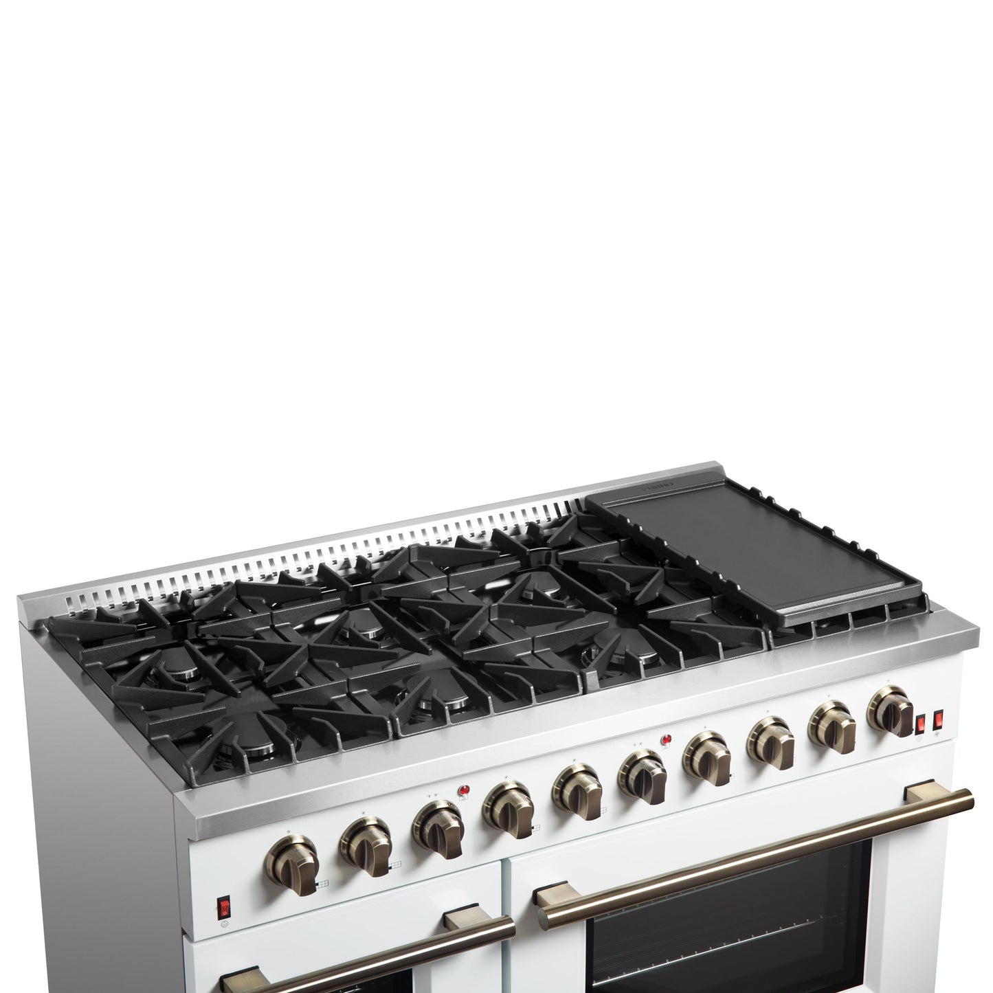 Forno FFSGS624448WHT Forno Galiano 48-Inch Gas Range White & Antique Brass Design, 8 Burners, 107,000 Btu, Griddle, 6.58 Cu.Ft. Double Ovens