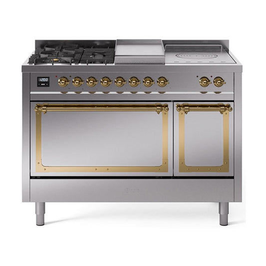 Ilve UN48FSQNMPSSG Ilve Un48Fsqnmpssg Nostalgie Ii Noblesse 48" Dual Fuel Range (5 Sealed Burners + Griddle + French Top, Natural Gas, Solid Door, Stainless Steel, Brass)
