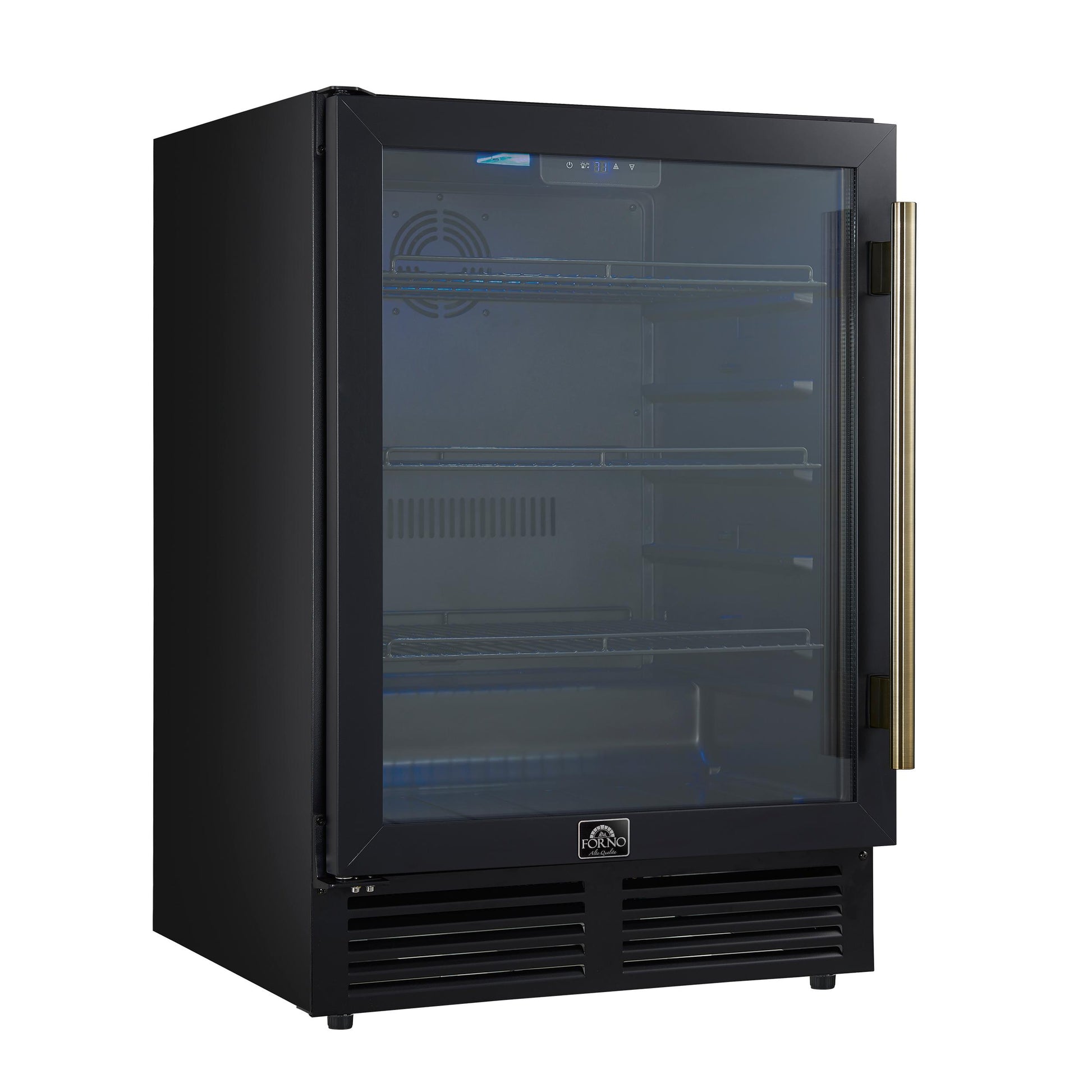 Forno FWCDR666524BLK Forno Frescolino 24 Inch Beverage Cooler, Black With Antique Brass Handles, With Led Lighting, Triple Glass Door, 188 Can Capacity, Built-In Or Freestanding
