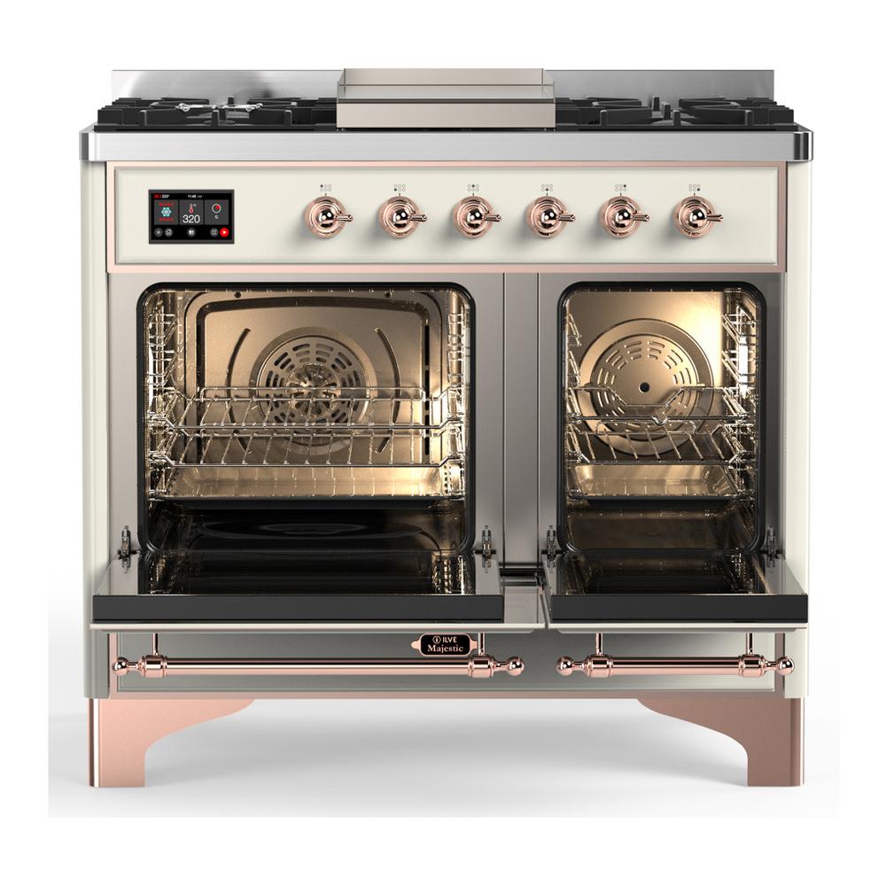 Ilve UMD40FNR3AWPLP Ilve Umd40Fnr3Awplp Majestic Iii 40 Inch Dual Fuel Range With 6 Burners And Griddle, Dual Function Burner Up To 25,000 Btu (Liquid Propane, Triple Glass Door, Antique White, Copper)
