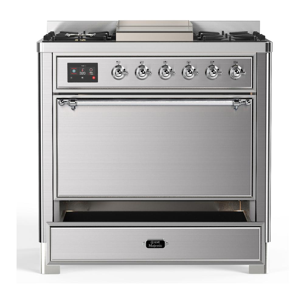 Ilve UM36FQNR3SSC Ilve Um36Fqnr3Ssc Majestic Iii 36 Inch Dual Fuel Range With 6 Black Brass Burners And Griddle, Dual Function Burner Up To 25,000 Btu (Solid Door, Stainless Steel, Chrome, Natural Gas)