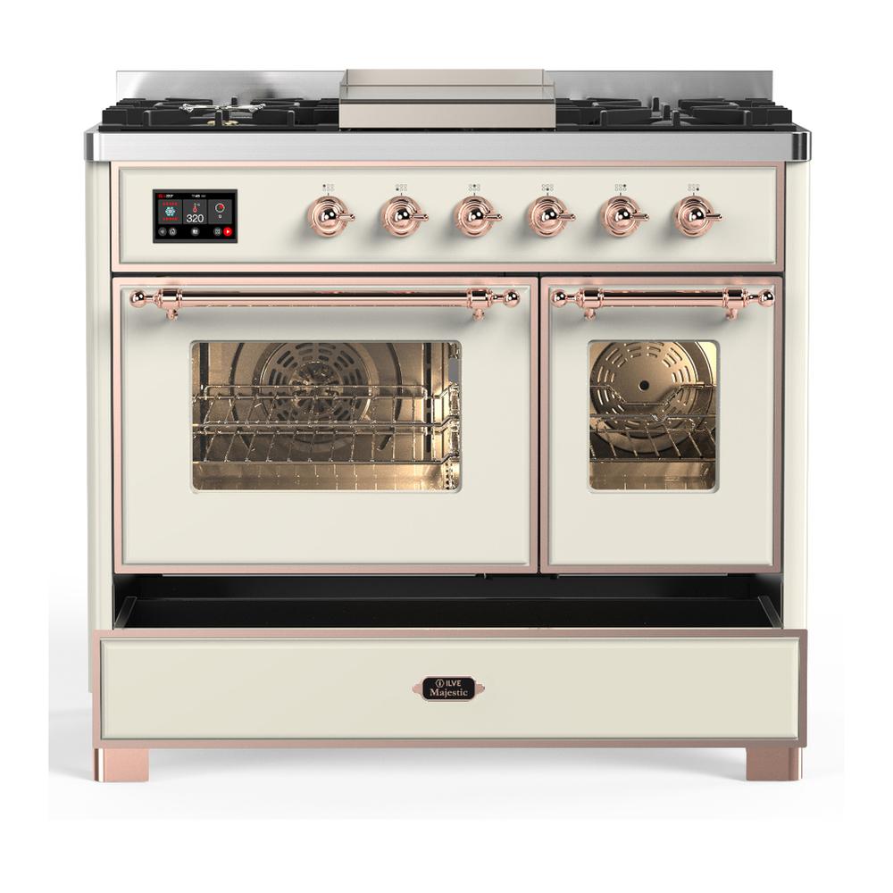 Ilve UMD40FNR3AWP Ilve Umd40Fnr3Awp Majestic Iii 40 Inch Dual Fuel Range With 6 Burners And Griddle, Dual Function Burner Up To 25,000 Btu (Natural Gas, Triple Glass Door, Antique White, Copper)