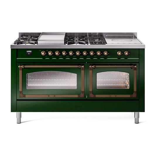 Ilve UN60FSNMPEGBLP Ilve Un60Fsnmpegblp Nostalgie Ii Noblesse 60" Dual Fuel Range (7 Sealed Burners + Griddle + French Top, Liquid Propane, Triple Glass Door, Emerald Green, Burnished)