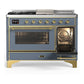 Ilve UM48FSNR3BGGLP Ilve Um48Fsnr3Bgglp Majestic Iii 48 Inch Dual Fuel Range With 5 Black Brass Burners, Griddle And French Top, Dual Function Burner Up To 25,000 Btu (Liquid Propane, Triple Glass Door, Blue Grey, Brass)