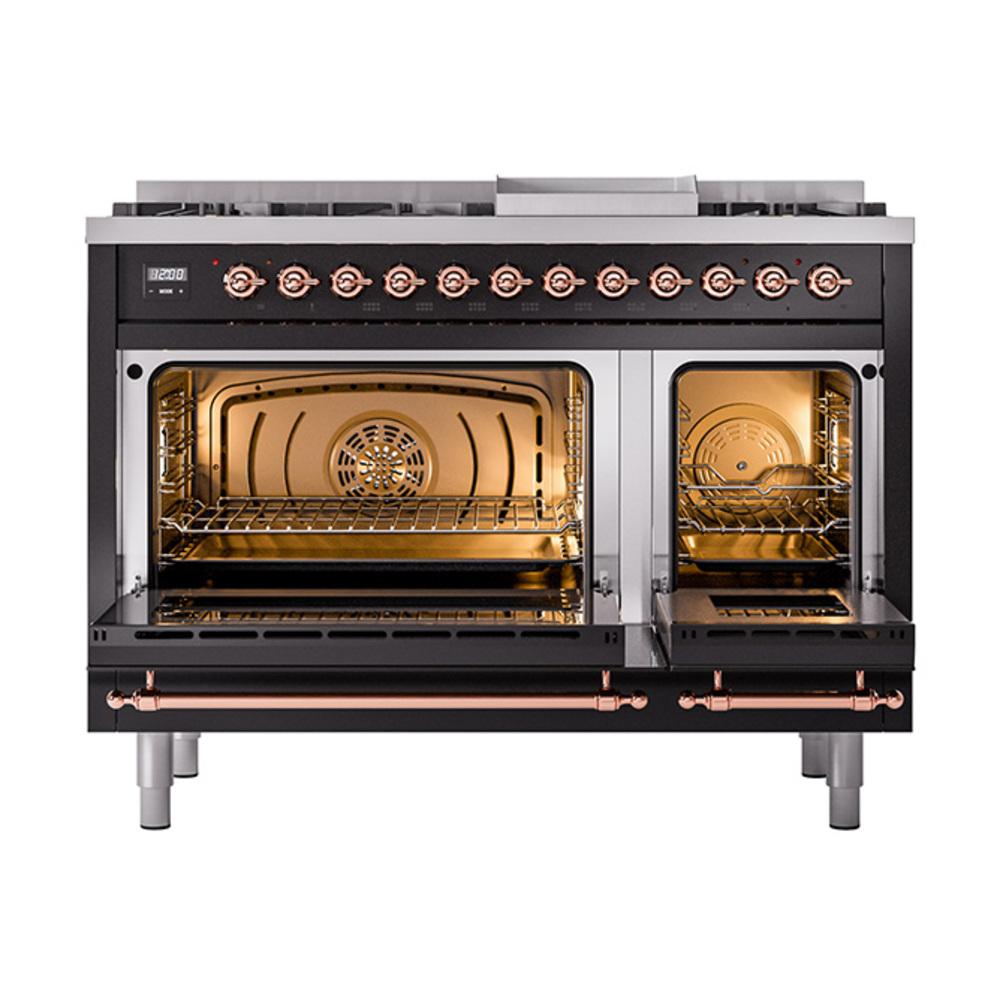 Ilve UN48FQNMPBKPLP Ilve Un48Fqnmpbkplp Nostalgie Ii Noblesse 48" Dual Fuel Range (8 Sealed Burners + Griddle, Liquid Propane, Solid Door, Glossy Black, Copper)