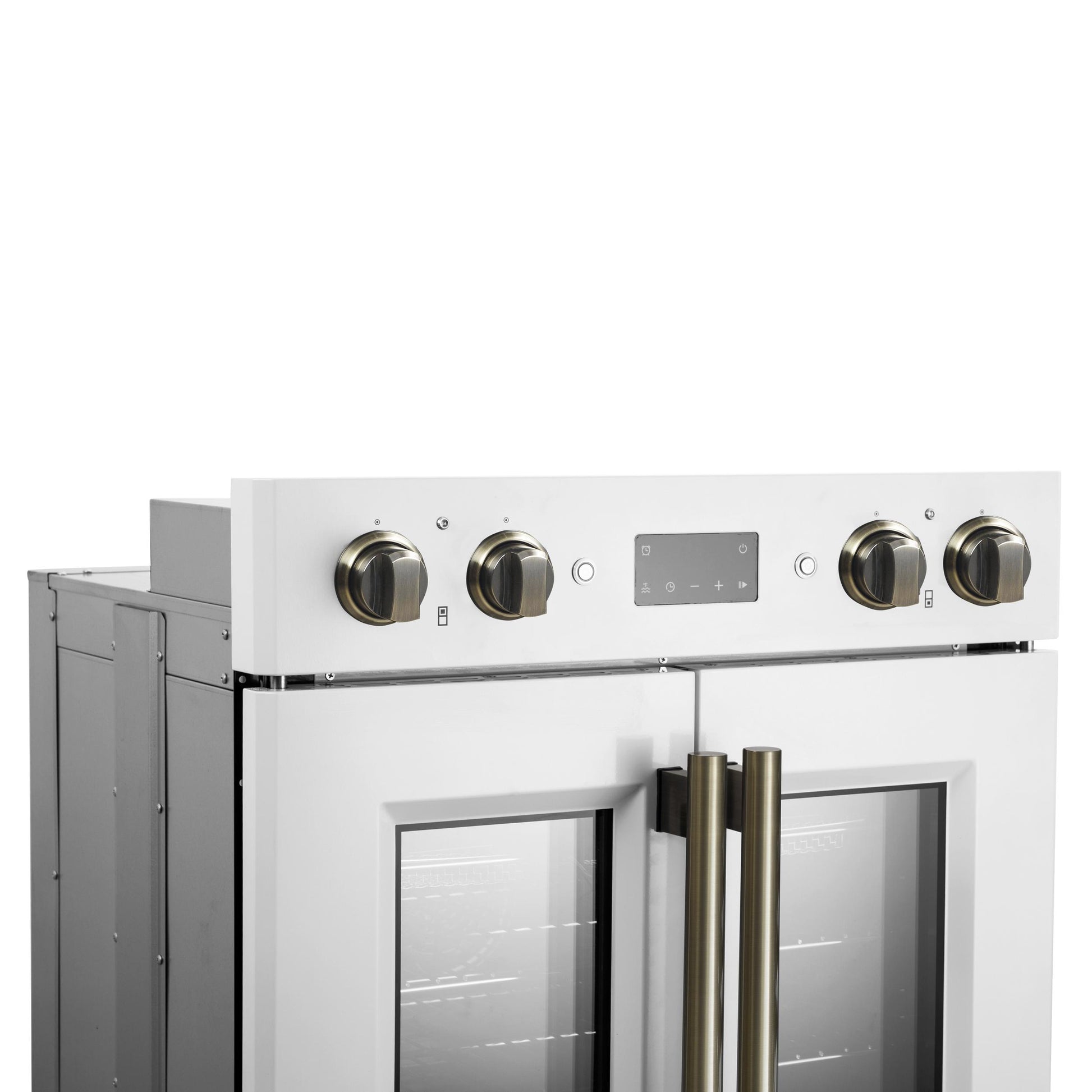 Forno FBOEL134030WHT Forno Asti 30-Inch Double Electric Wall Oven With Upper French Doors In White & Antique Brass, 7.36 Cu. Ft. Dual True Convection, 7,200W, Air Fry, Sous Vide, Self-Clean