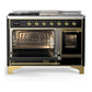 Ilve UM48FSNR3BKGLP Ilve Um48Fsnr3Bkglp Majestic Iii 48 Inch Dual Fuel Range With 5 Black Brass Burners, Griddle And French Top, Dual Function Burner Up To 25,000 Btu (Liquid Propane, Triple Glass Door, Glossy Black, Brass)