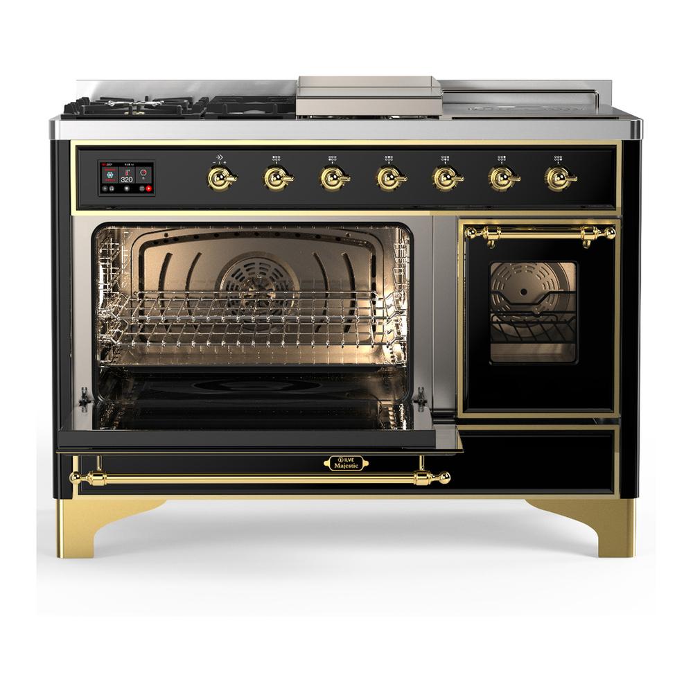 Ilve UM48FSNR3BKGLP Ilve Um48Fsnr3Bkglp Majestic Iii 48 Inch Dual Fuel Range With 5 Black Brass Burners, Griddle And French Top, Dual Function Burner Up To 25,000 Btu (Liquid Propane, Triple Glass Door, Glossy Black, Brass)