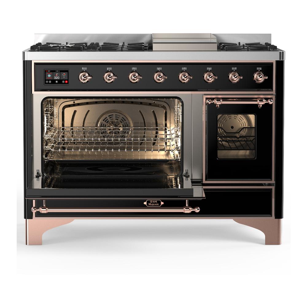 Ilve UM48FNR3BKPLP Ilve Um48Fnr3Bkplp Majestic Iii 48 Inch Dual Fuel Range With 8 Burners And Griddle, Dual Function Burner Up To 25,000 Btu (Liquid Propane, Triple Glass Door, Glossy Black, Copper)