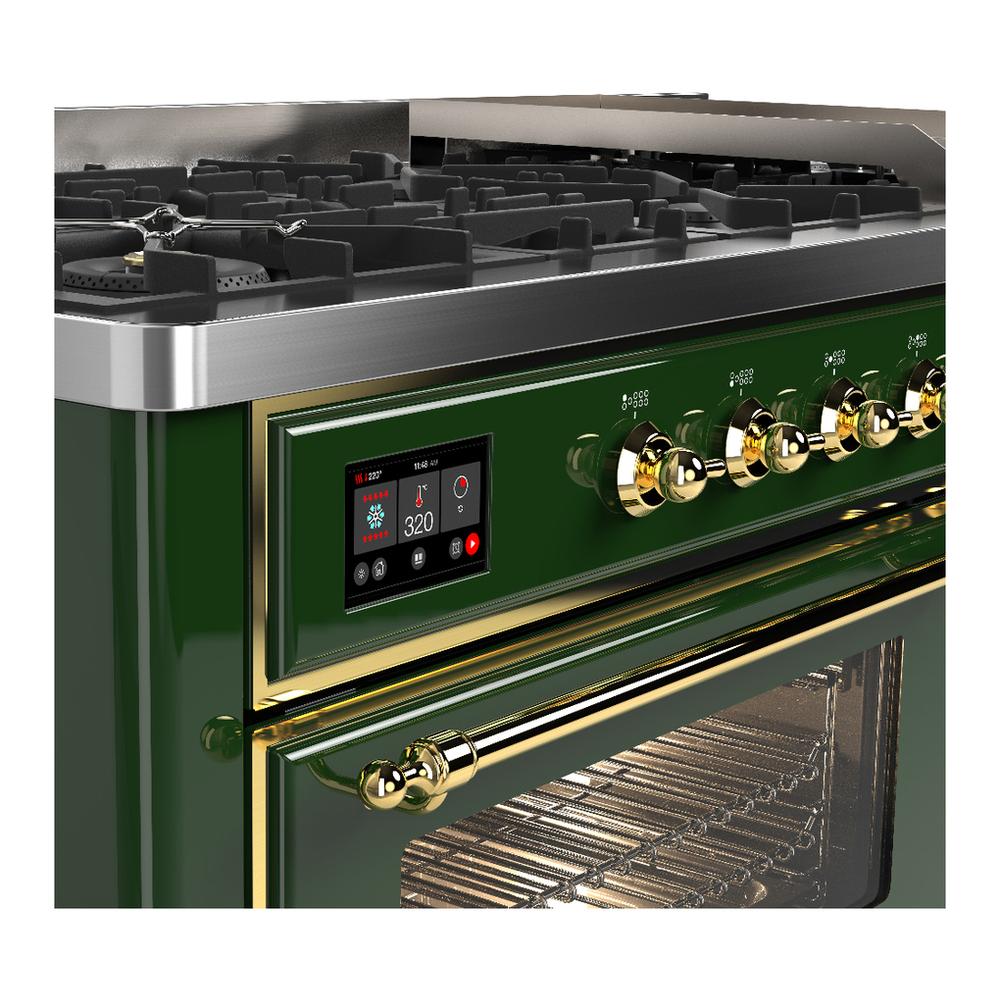 Ilve UM60FNR3EGGLP Ilve Um60Fnr3Egglp Majestic Iii 60 Inch Dual Fuel Range With 9 Burners And Griddle, Dual Function Burner Up To 25,000 Btu (Liquid Propane, Triple Glass Door, Emerald Green, Brass)