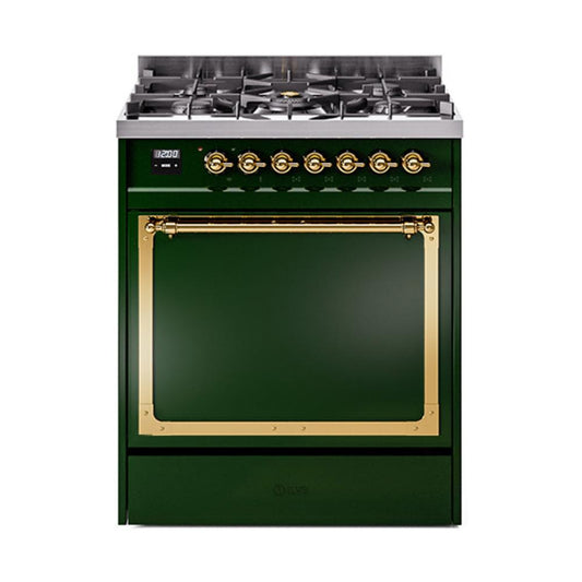 Ilve UN30QNMPEGGLP Ilve Un30Qnmpegglp Nostalgie Ii Noblesse 30" Dual Fuel Range (Liquid Propane, Solid Door, Emerald Green, Brass)