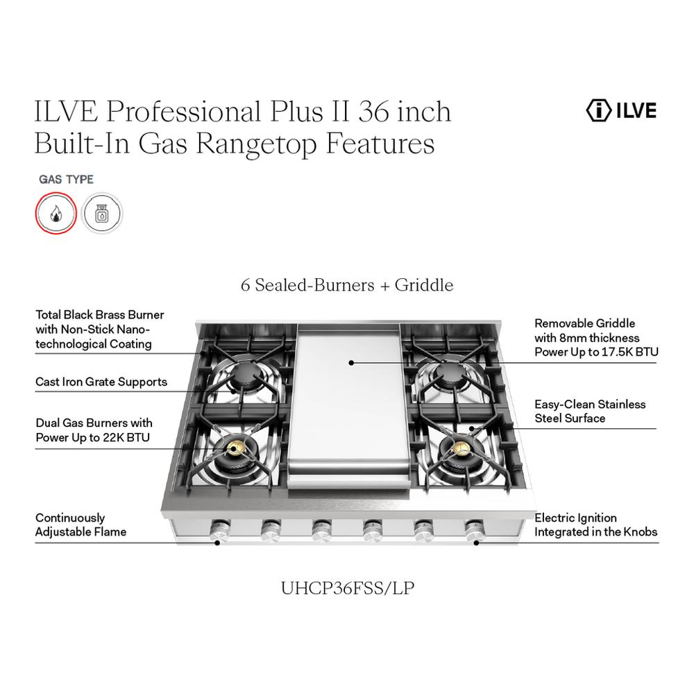 Ilve UHCP36FSSLP Ilve Uhcp36Fsslp Professional Plus Ii 36 Inch Built-In Gas Rangetop With Griddle, In Stainless Steel (Liquid Propane)