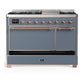 Ilve UM48FQNR3BGPLP Ilve Um48Fqnr3Bgplp Majestic Iii 48 Inch Dual Fuel Range With 8 Burners And Griddle, Dual Function Burner Up To 25,000 Btu (Liquid Propane, Solid Door, Blue Grey, Copper)
